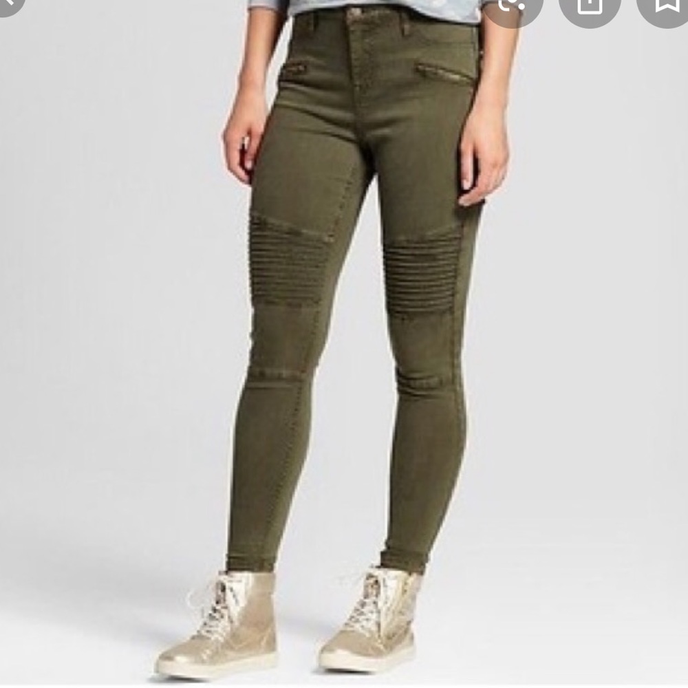 High Rise Skinny Army Green Moto Jeans